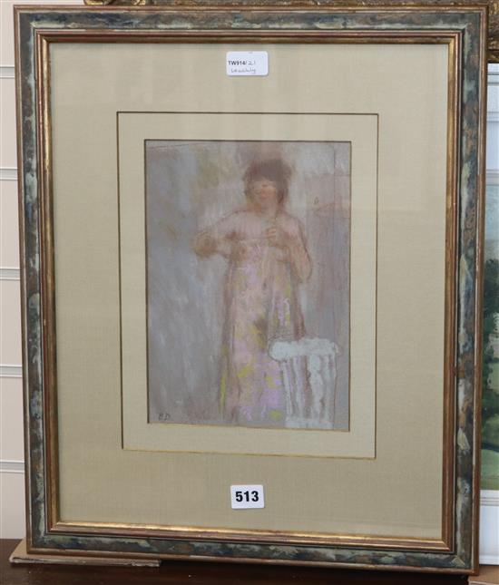 Bernard Dunstan RA. RWA. NEAC (1920-2017), Trying on a dress, initialled B D lower left, gallery label verso, pastel